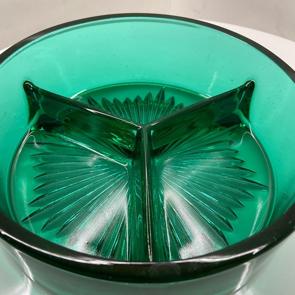 Vintage Teal Green Glass Divided Dish Trinket Vanity Retro Starburst Relish - Picture 5 of 9